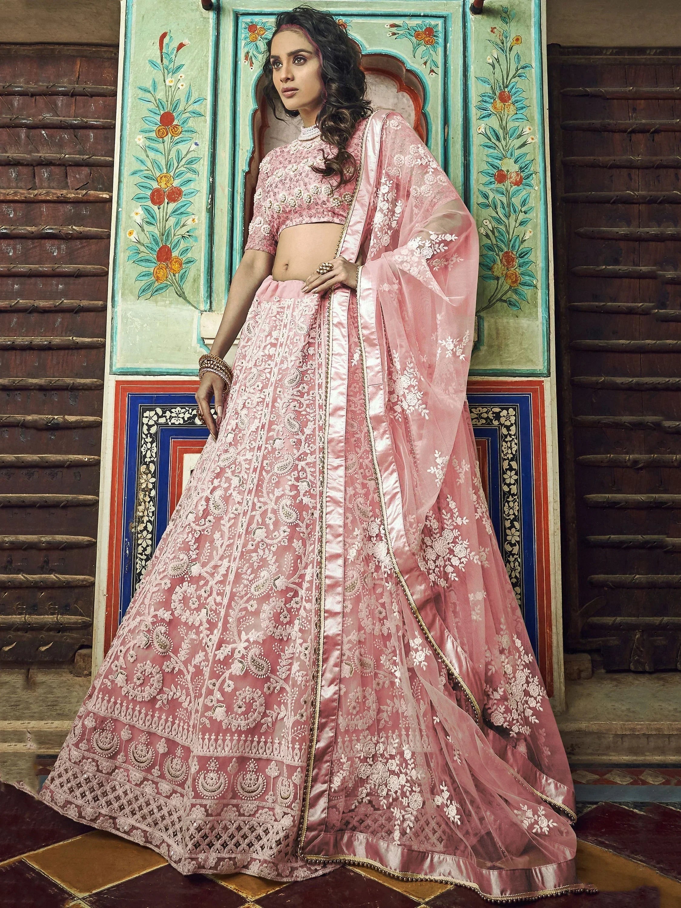 Pink embroidered lehenga choli with floral dupatta, Indian ethnic wear for weddings and festivals