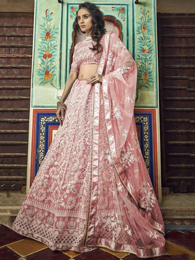 Alluring Peach Thread Work Net Bridesmaid Lehenga Choli With Dupatta - Ethnic Plus In