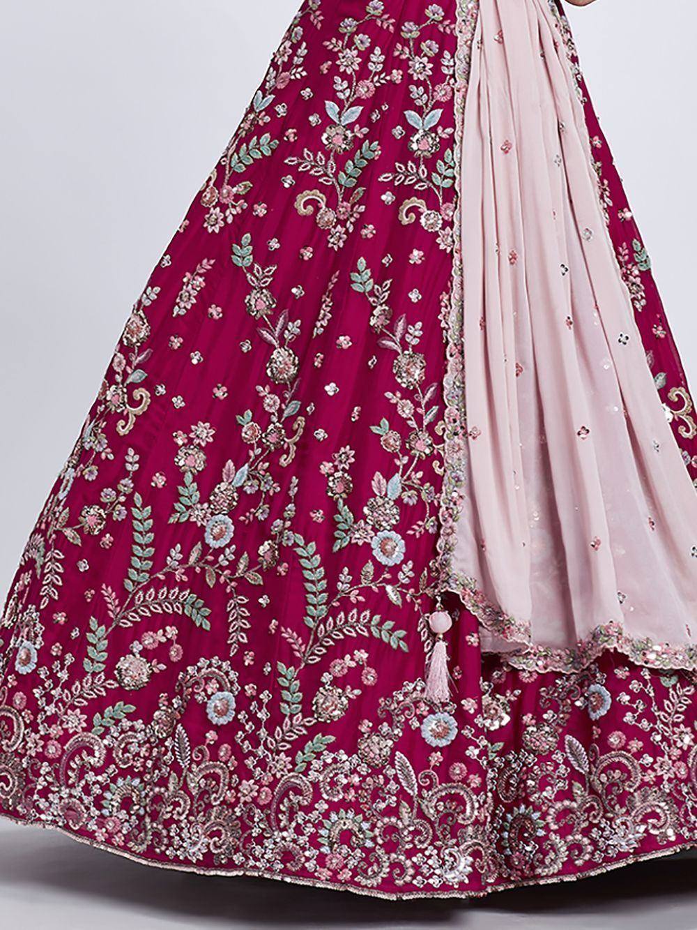 Elegant maroon lehenga with floral embroidery and pink dupatta, perfect for Indian ethnic wear occasions