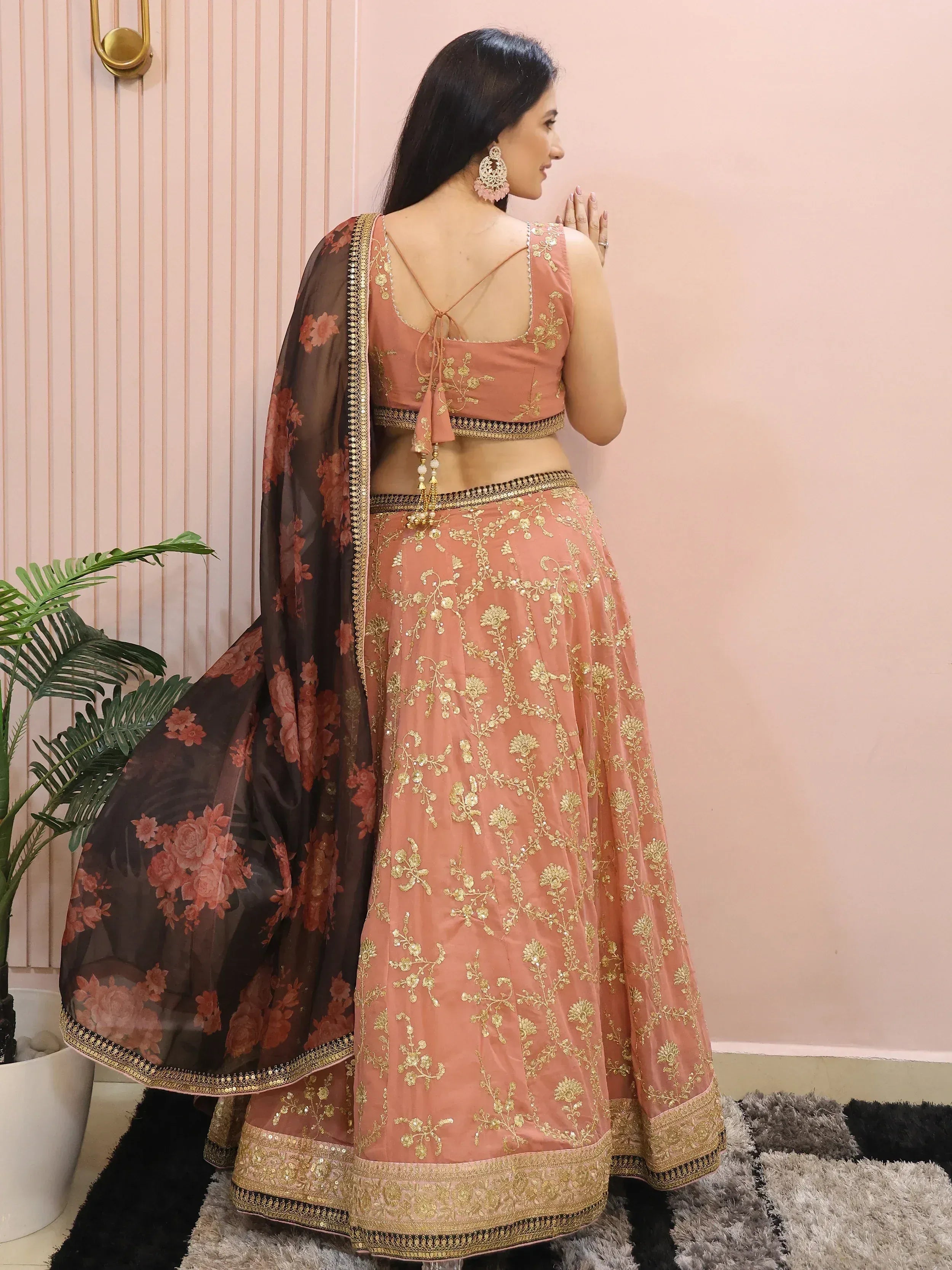 Peach lehenga choli with gold embroidery and floral dupatta, Indian ethnic wear