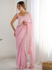 Alluring Pink Sequins Embroidered Saree With Blouse - Ethnic Plus In