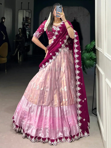 Alluring Pink Zari Weaving Silk Traditional Half Saree Lehenga - Ethnic Plus In
