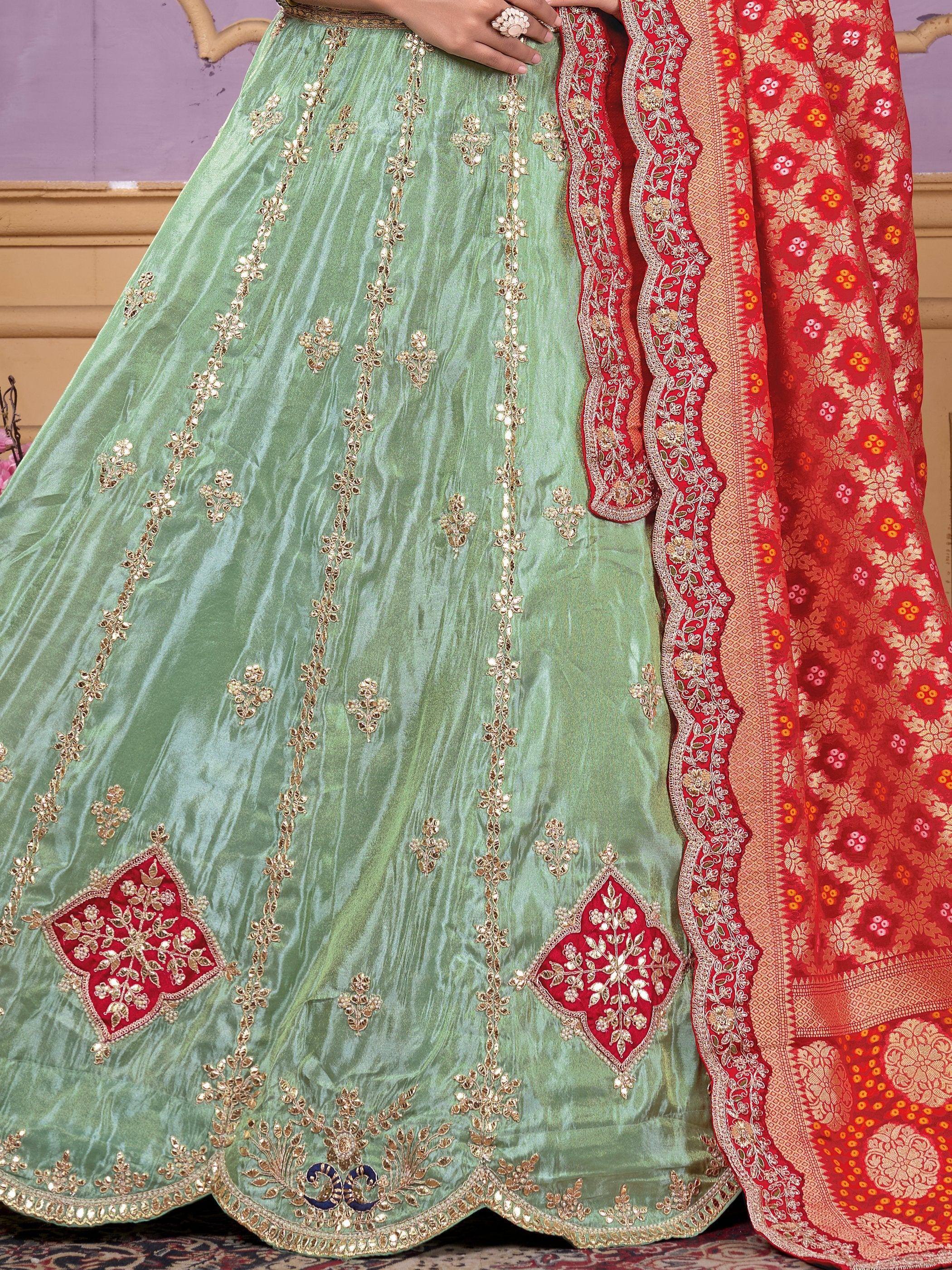 Mint green lehenga with gold embroidery and red dupatta, Indian ethnic wear