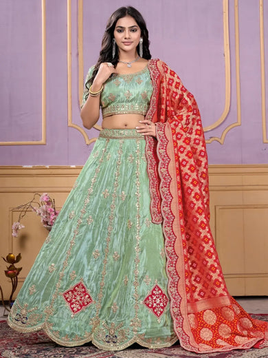Alluring Pista Green Embroidered Viscose Lehenga Choli With Dupatta - Ethnic Plus In