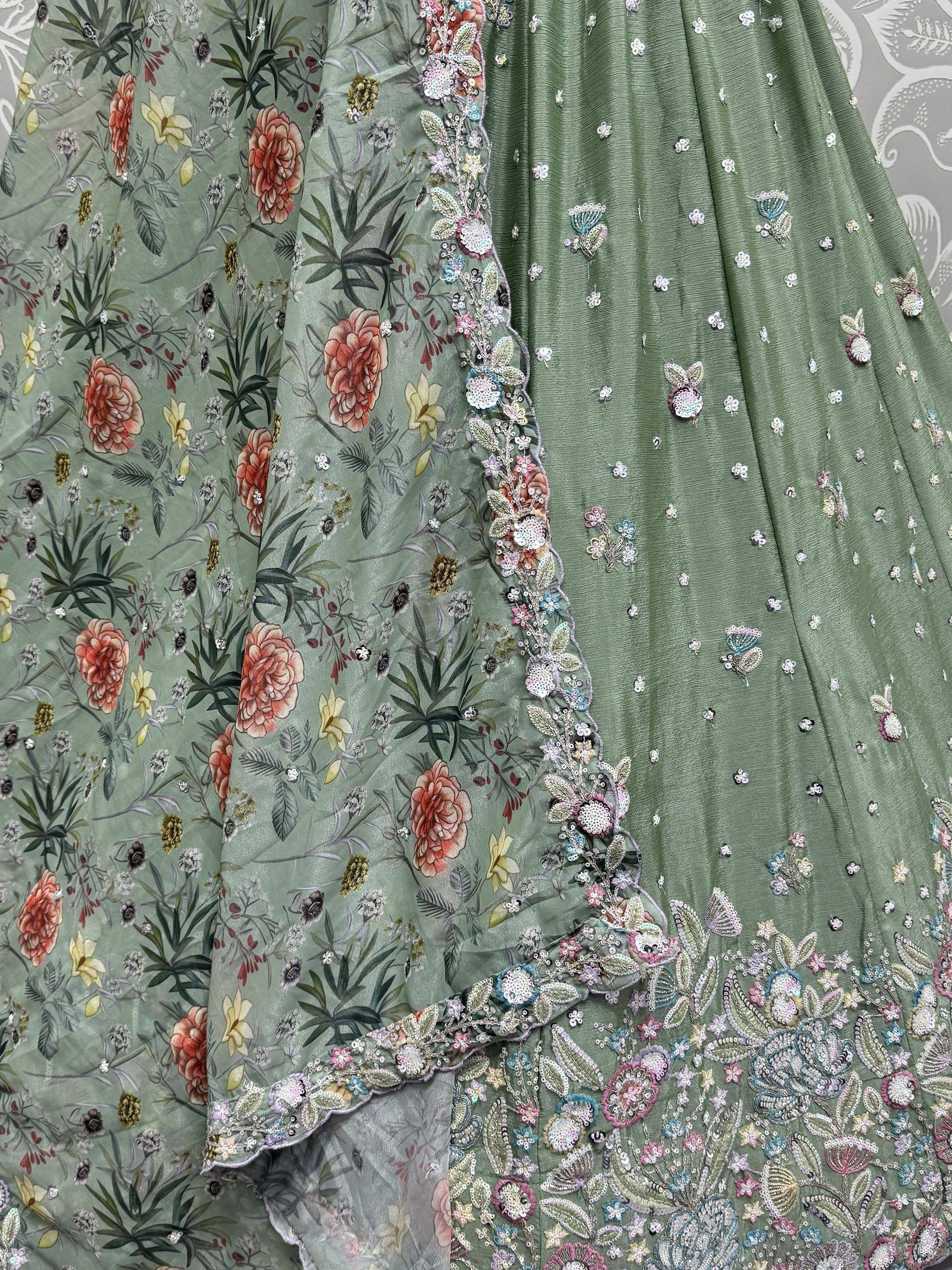 Green floral embroidered lehenga with sequin detailing and matching dupatta, ideal for Indian ethnic wear