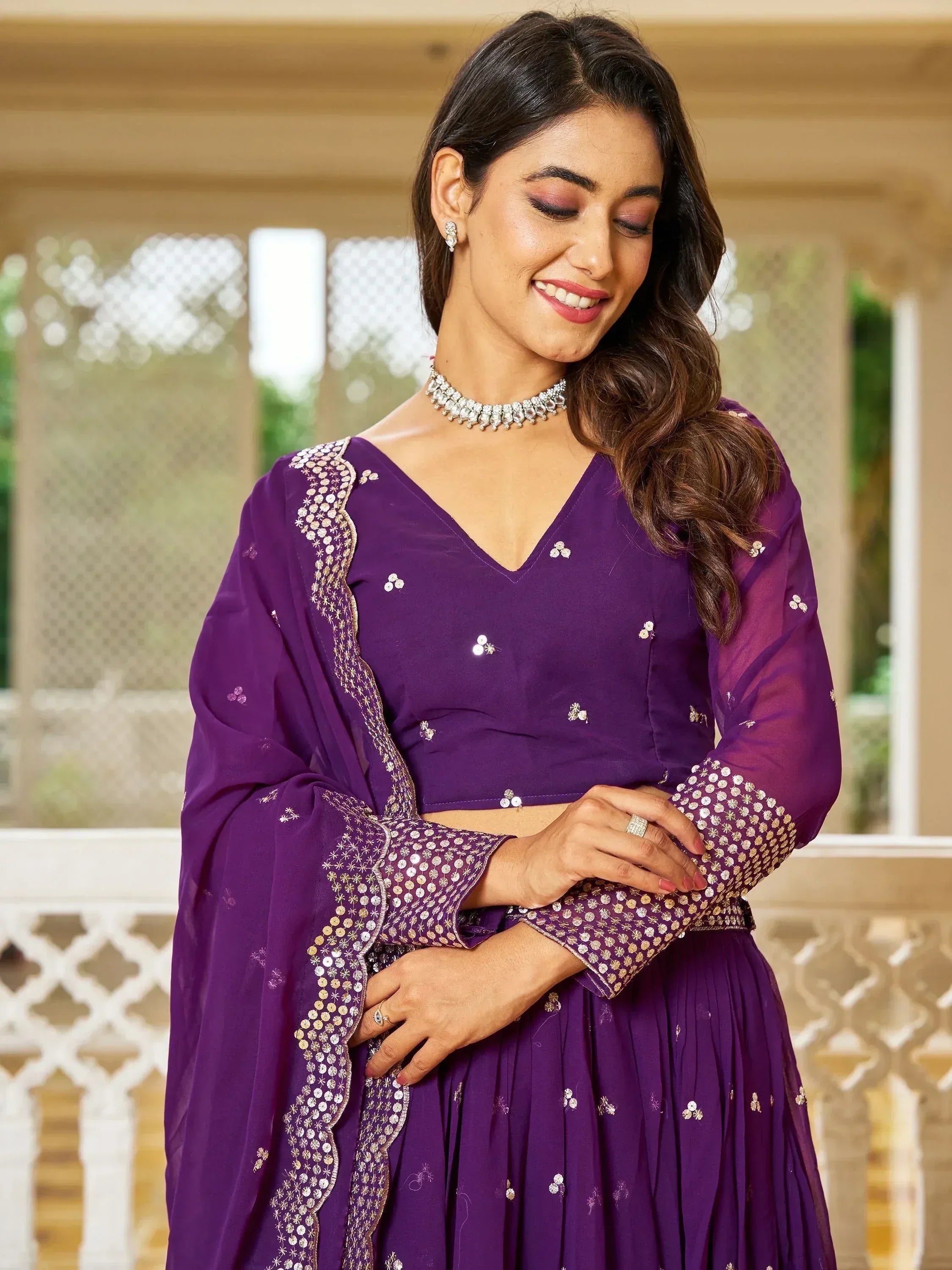 Purple designer lehenga choli with sequin embroidery, perfect for Indian ethnic wear occasions