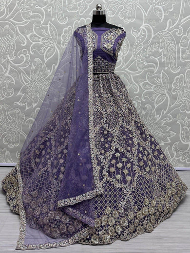 Alluring Purple Thread Embroidered Net Wedding Lehenga Choli - Ethnic Plus In