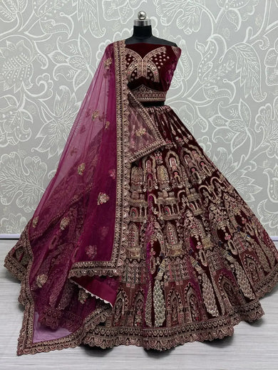 Alluring Rani Pink Velvet Bridal Lehenga Choli With Double Dupatta - Ethnic Plus In