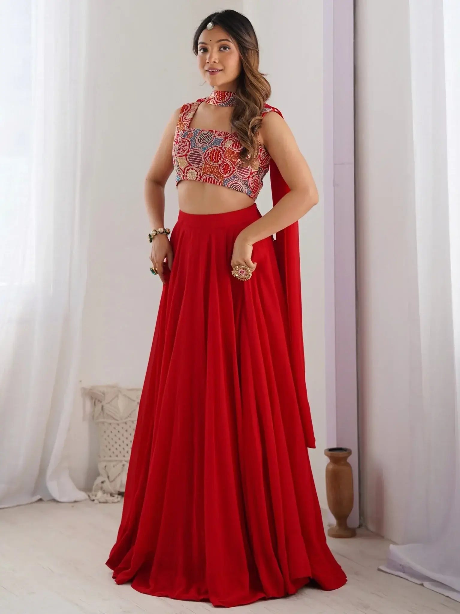 Alluring Red Georgette Party Wear Lehenga Choli With Dupatta - Ethnic Plus In