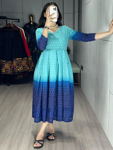 Alluring Sky Blue Cotton Traditional Chikankari Gown - Ethnic Plus In