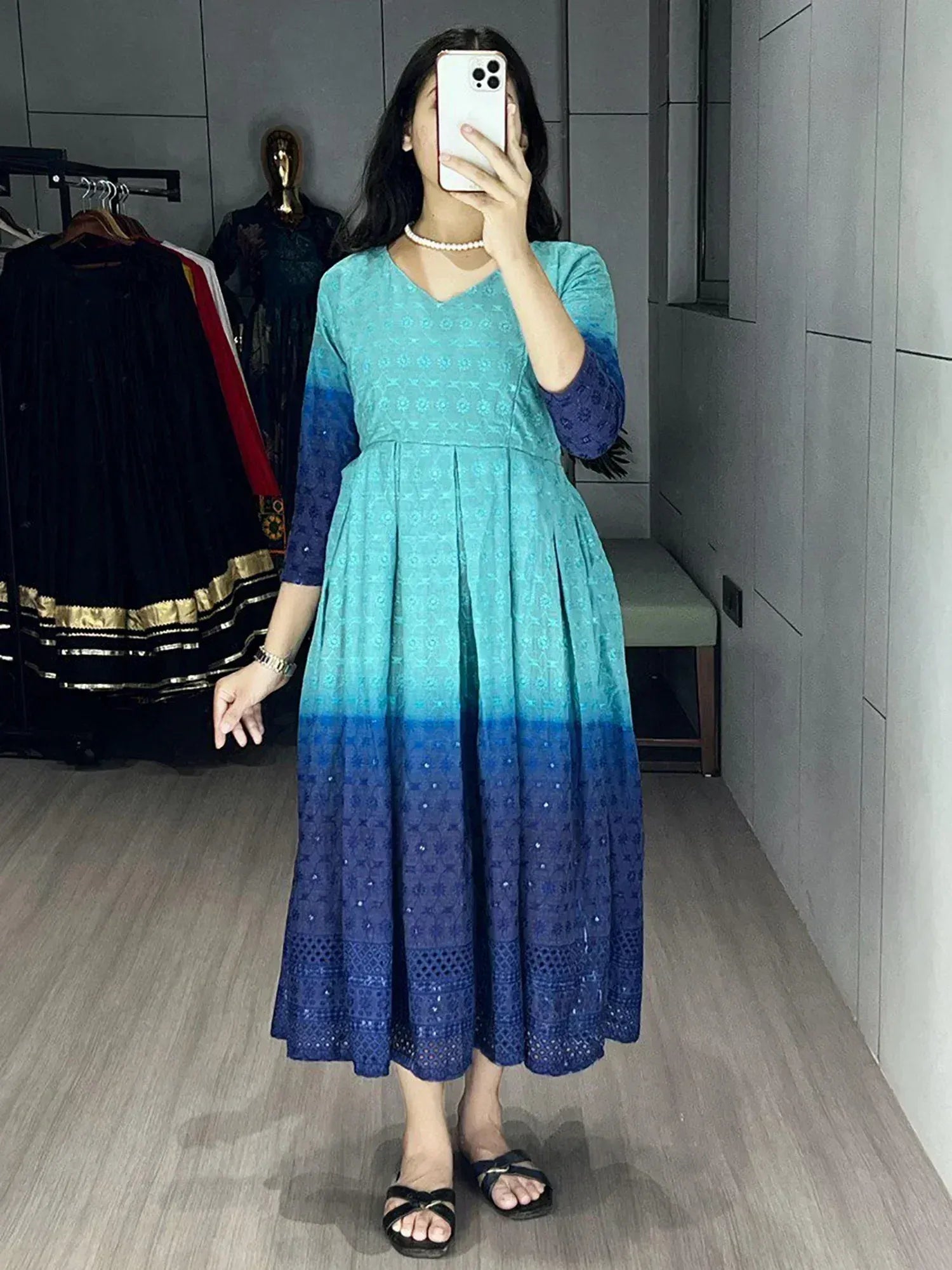 Blue ombre ethnic gown with floral print, V-neck, and flared skirt for women