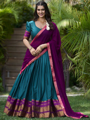 Alluring Teal Blue Cotton Traditional Wear Half Saree Lehenga - Ethnic Plus In