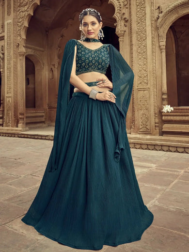 Alluring Teal Blue Hand Work Georgette Event Wear Lehenga Choli - Ethnic Plus In