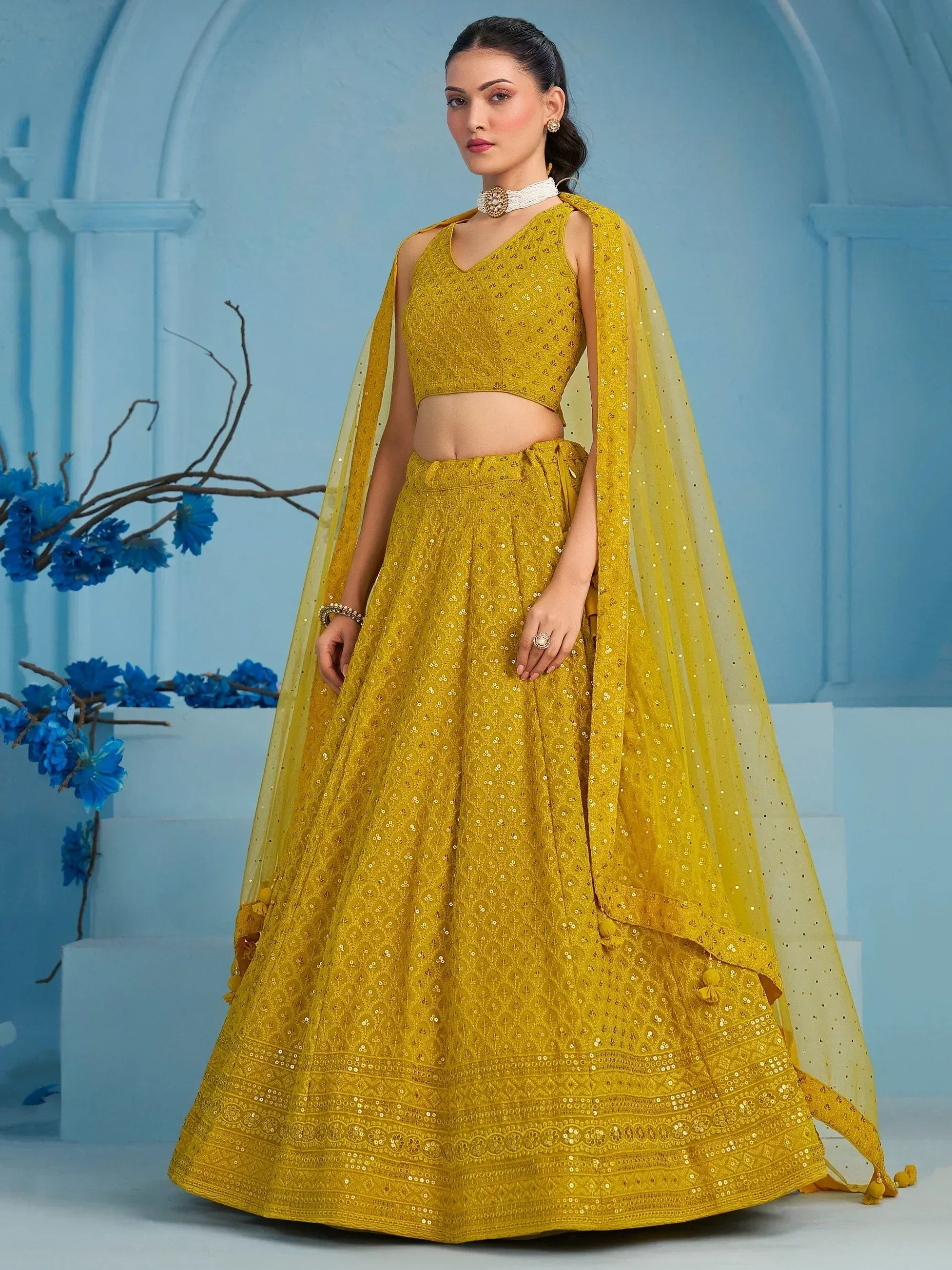 Yellow sequin lehenga choli with cape, Indian ethnic wear for weddings and parties