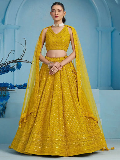 Alluring Yellow Sequins Work Georgette Haldi Wear Lehenga Choli - Ethnic Plus In