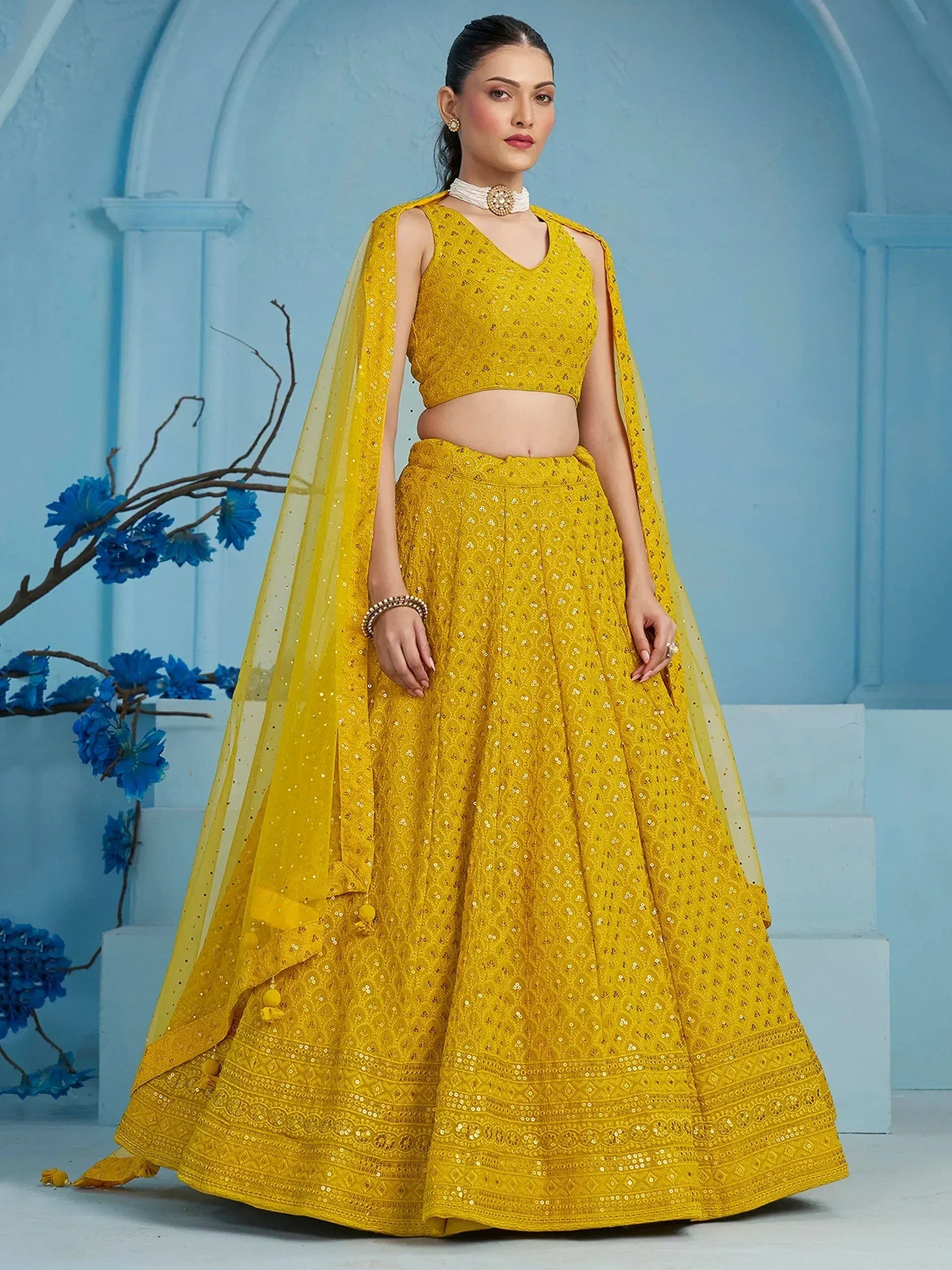 Yellow sequin lehenga choli with cape, Indian ethnic wear for weddings and festivals