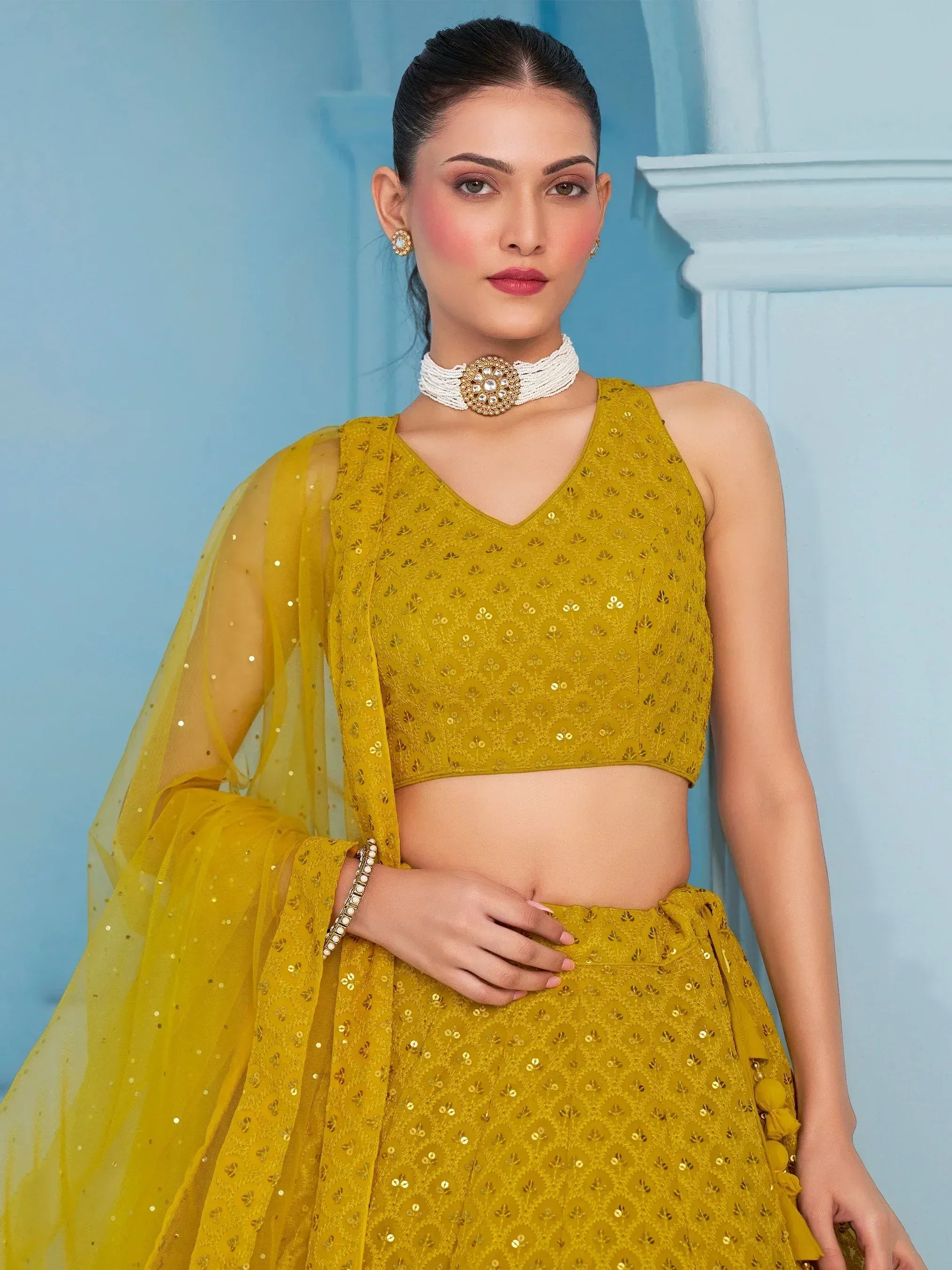 Yellow sequin lehenga choli with sheer dupatta, ethnic Indian wear for weddings and festivals
