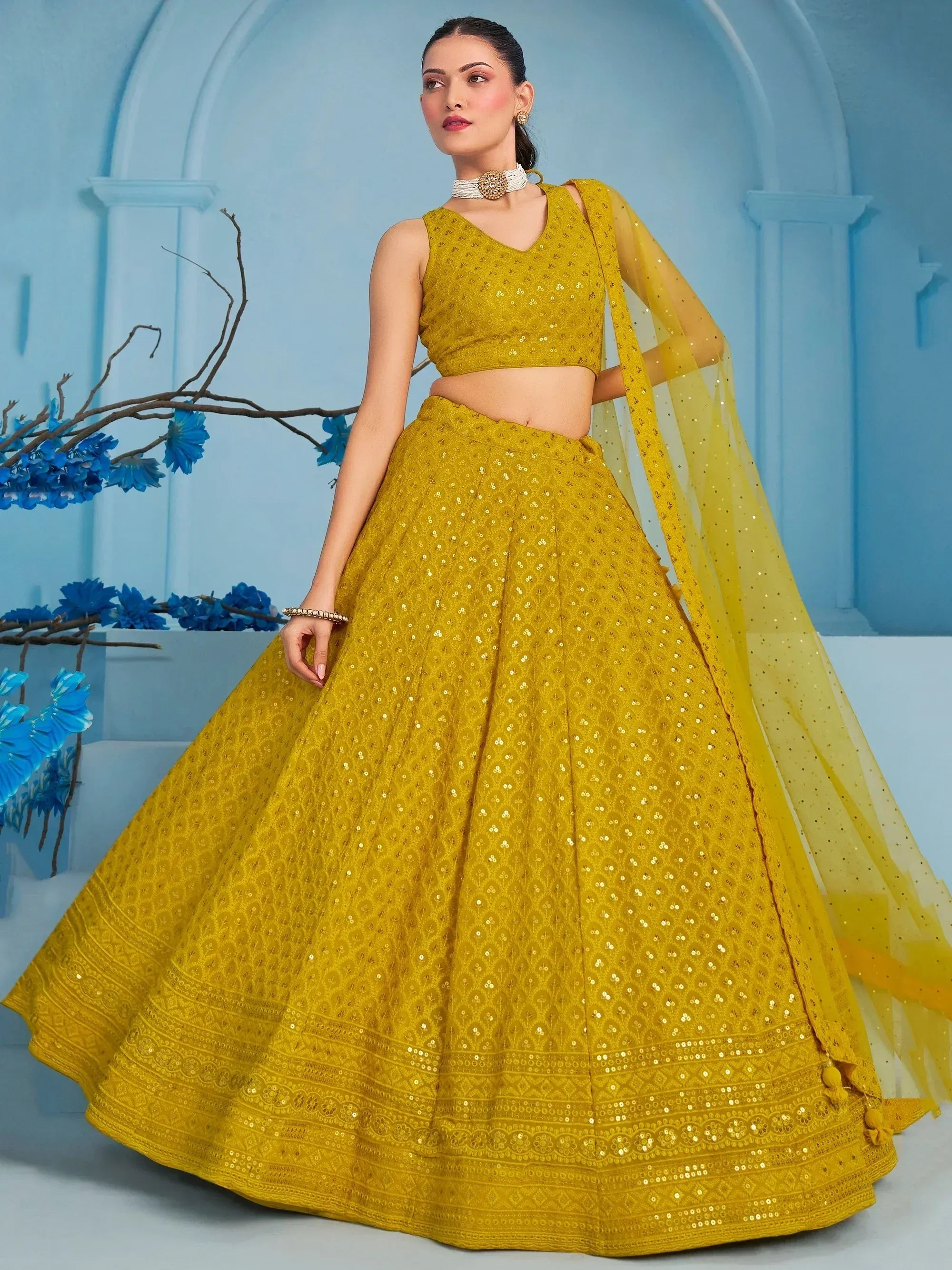 Yellow sequin lehenga choli with dupatta, Indian ethnic wear for women
