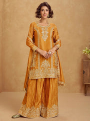 Alluring Mustard Yellow Embroidered Chinon Festival Wear Palazzo Suit