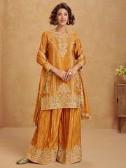 Alluring Mustard Yellow Embroidered Chinon Festival Wear Palazzo Suit