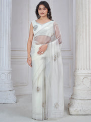 Alluring White Jarkan Work Organza Casual Wear Saree With Blouse