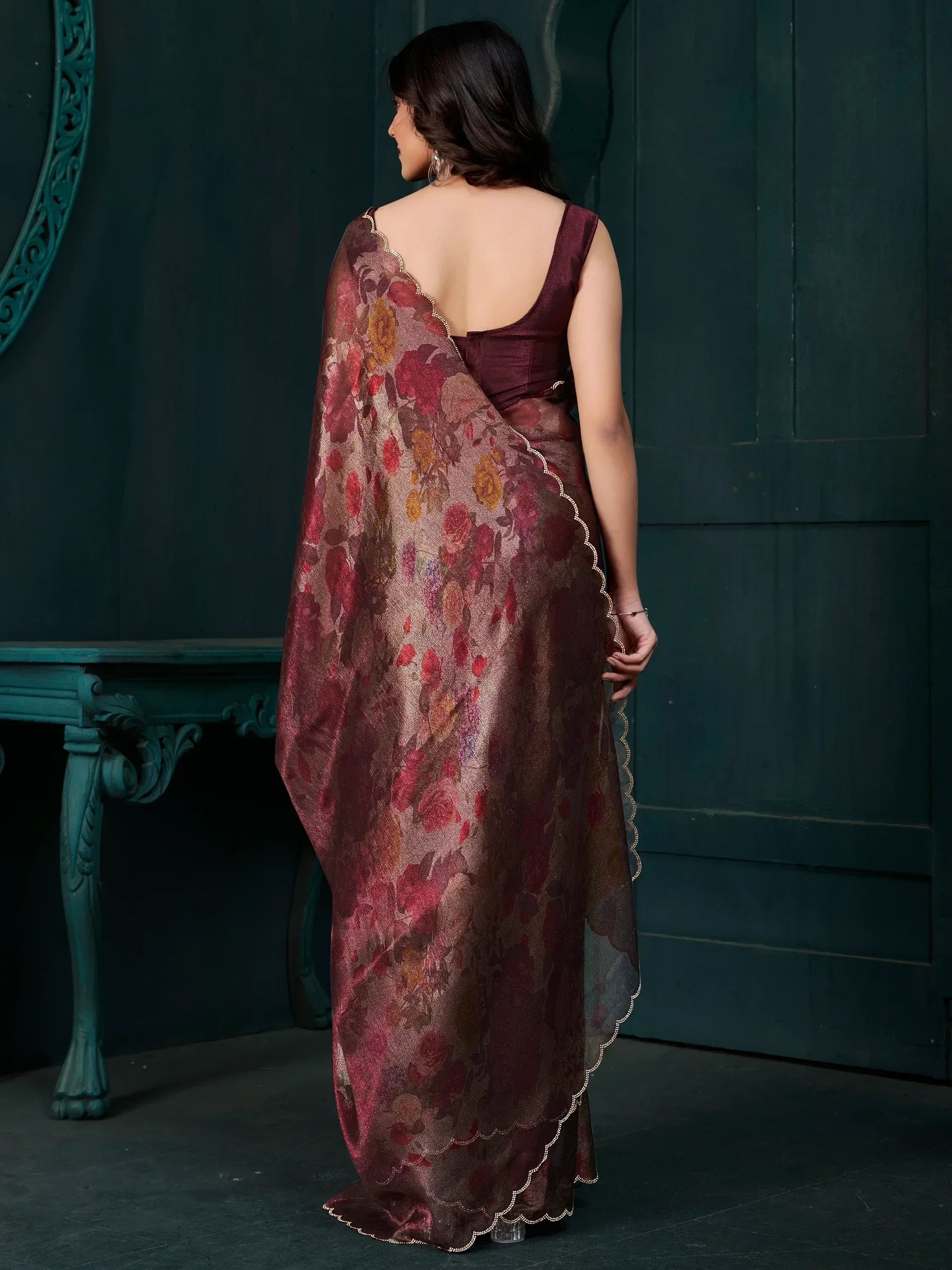 Maroon floral saree with scalloped gold trim, back view, Indian ethnic wear