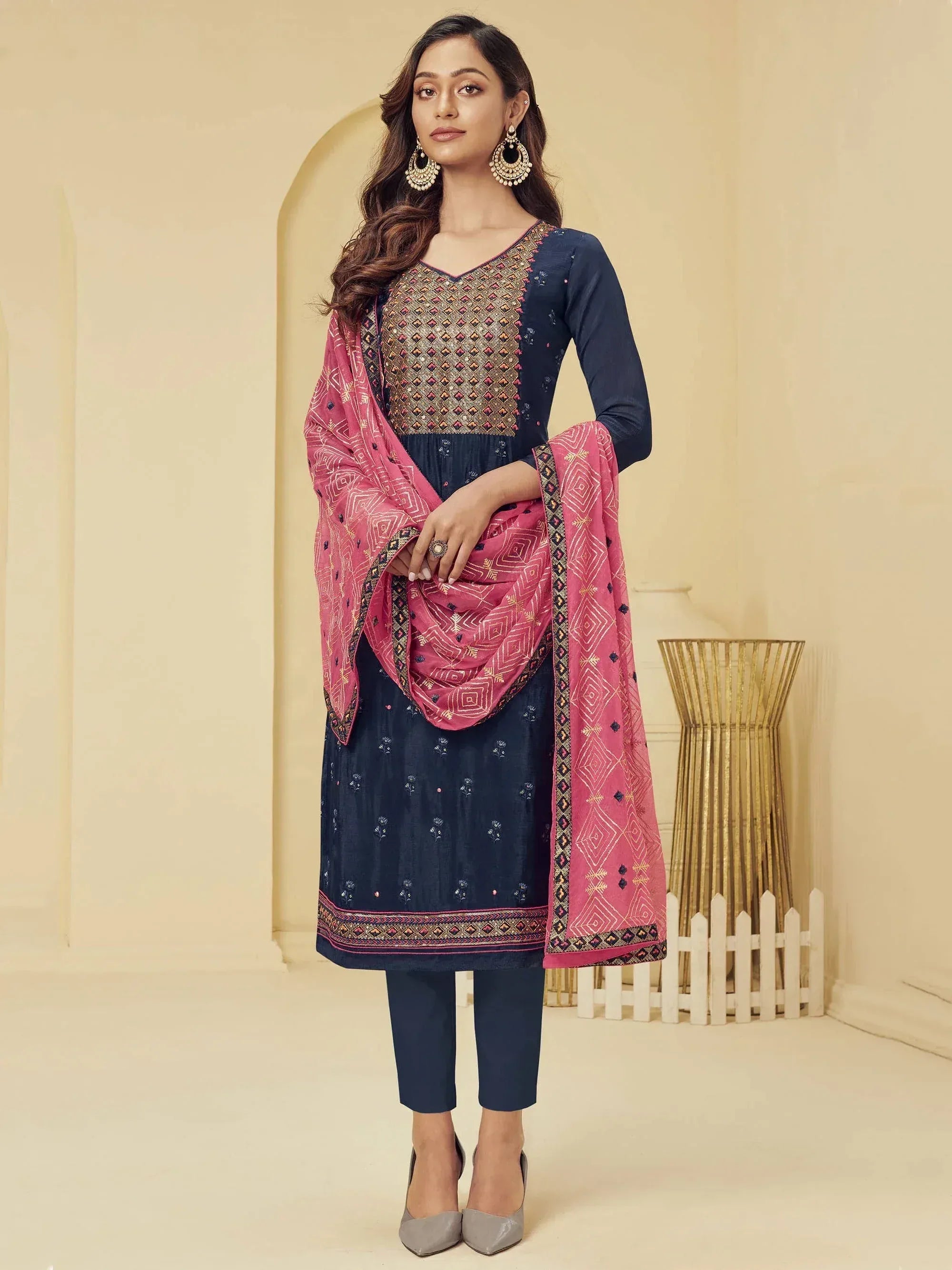 Navy blue embroidered salwar kameez with pink dupatta, Indian ethnic wear for women