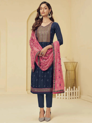 Spectacular Blue Thread Work Georgette Event Wear Pant Suit