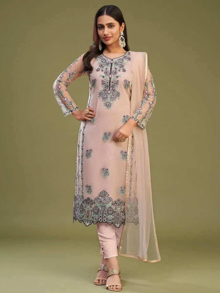 Pink embroidered salwar kameez with floral motifs and sheer dupatta, ethnic Indian wear