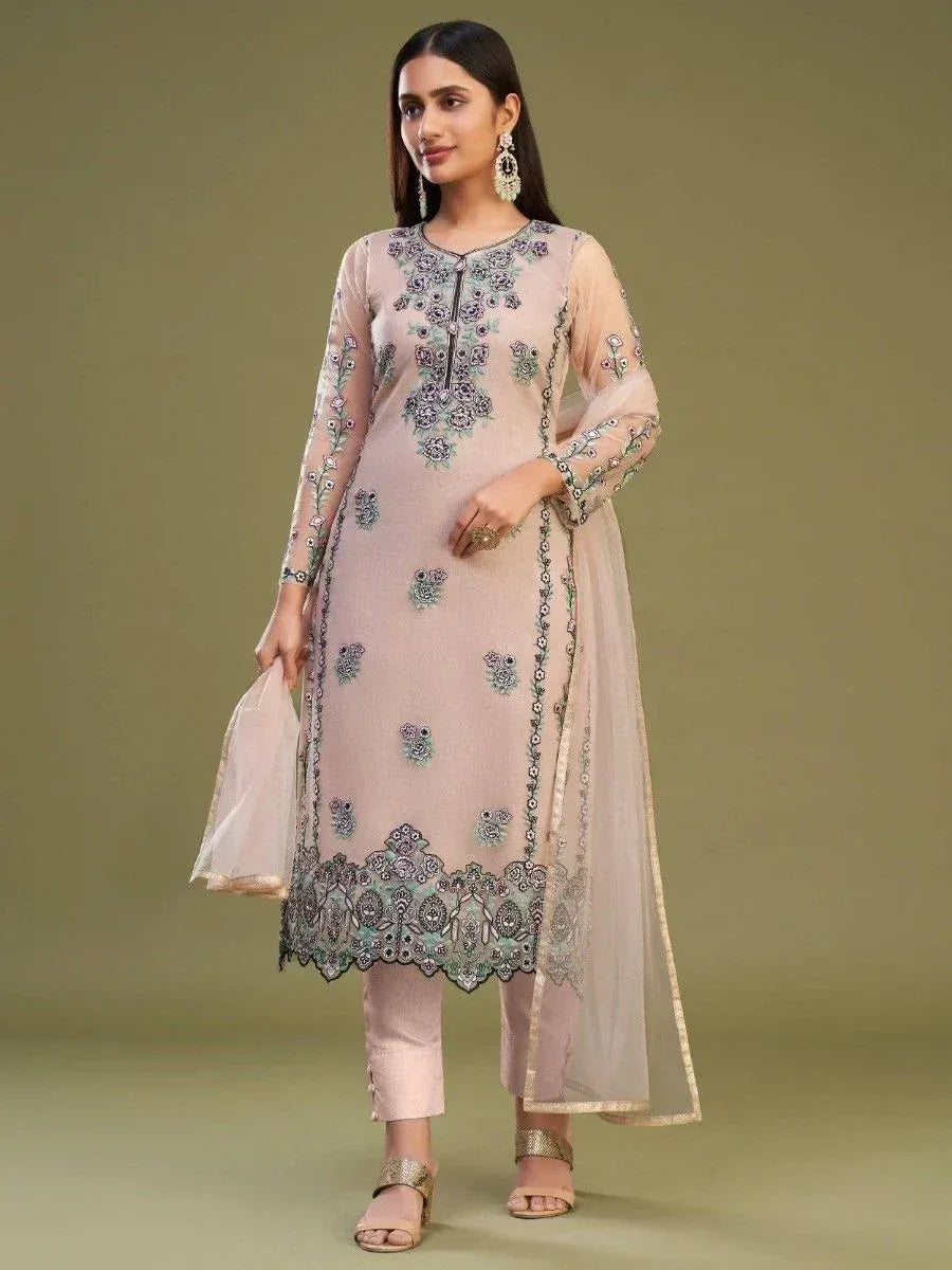 Elegant pink embroidered salwar kameez with floral detailing and sheer dupatta, perfect for Indian ethnic wear.