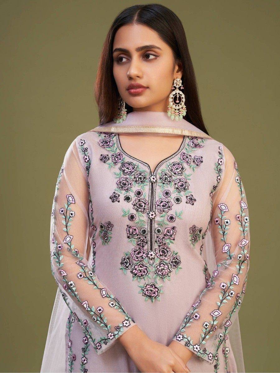 Elegant floral embroidered salwar kameez with sheer sleeves and dupatta, perfect for ethnic occasions