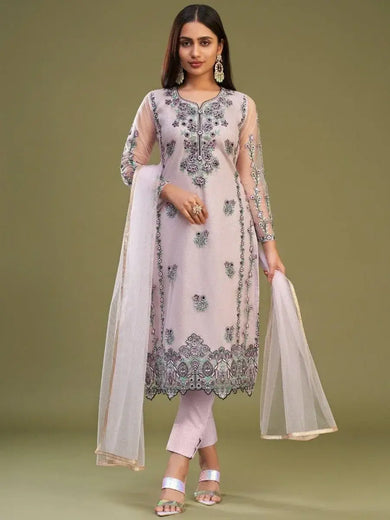 Bewitching Pink Embroidered Net Designer Pant Suit With Dupatta