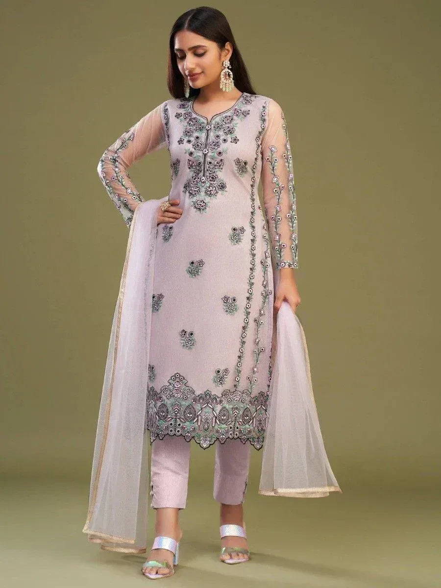 Elegant lavender salwar kameez with floral embroidery, sheer sleeves, and matching dupatta for ethnic wear