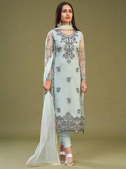 Gorgeous Firozi Embroidered Net Reception Wear Pant Suit With Dupatta