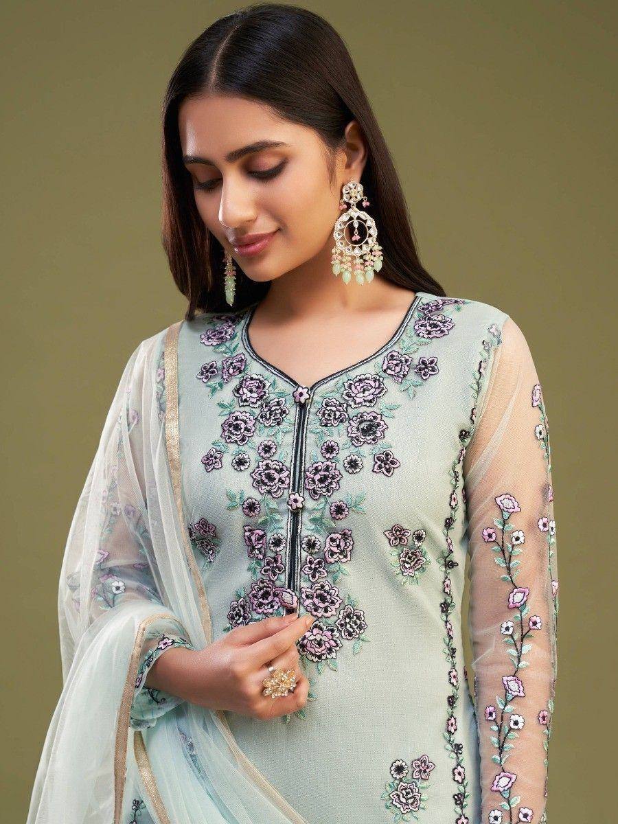 Mint green floral embroidered salwar kameez with sheer sleeves and dupatta, perfect for ethnic occasions