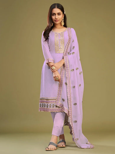 Beautiful Lavender Multi-Thread Work Georgette Pant Suit With Dupatta