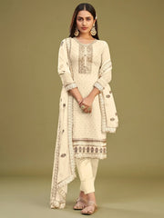 Stunning Beige Multi-Thread Work Georgette Event Wear Pant Suit