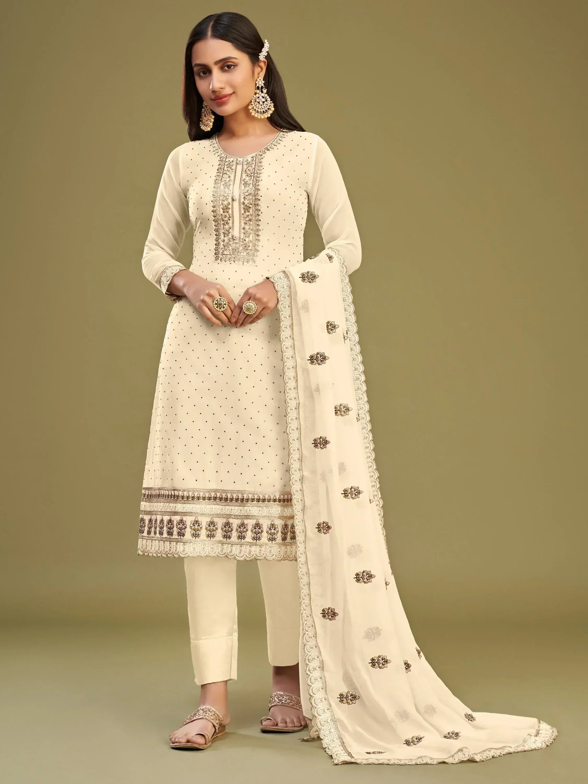 Cream embroidered salwar kameez with floral dupatta, ethnic wear for women
