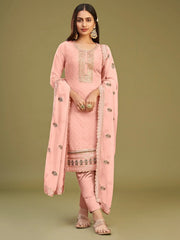 Adorable Pink Multi-Thread Work Georgette Function Wear Pant Suit