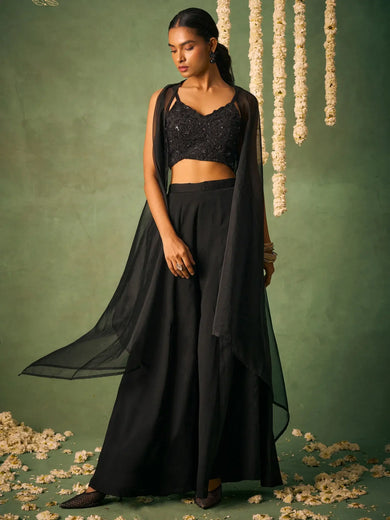 Glamorous Black Chinon Party Wear Crop Top Palazzo With Shrug