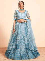 Stunning Sky-Blue Sequins Net Bridesmaid Lehenga Choli With Dupatta