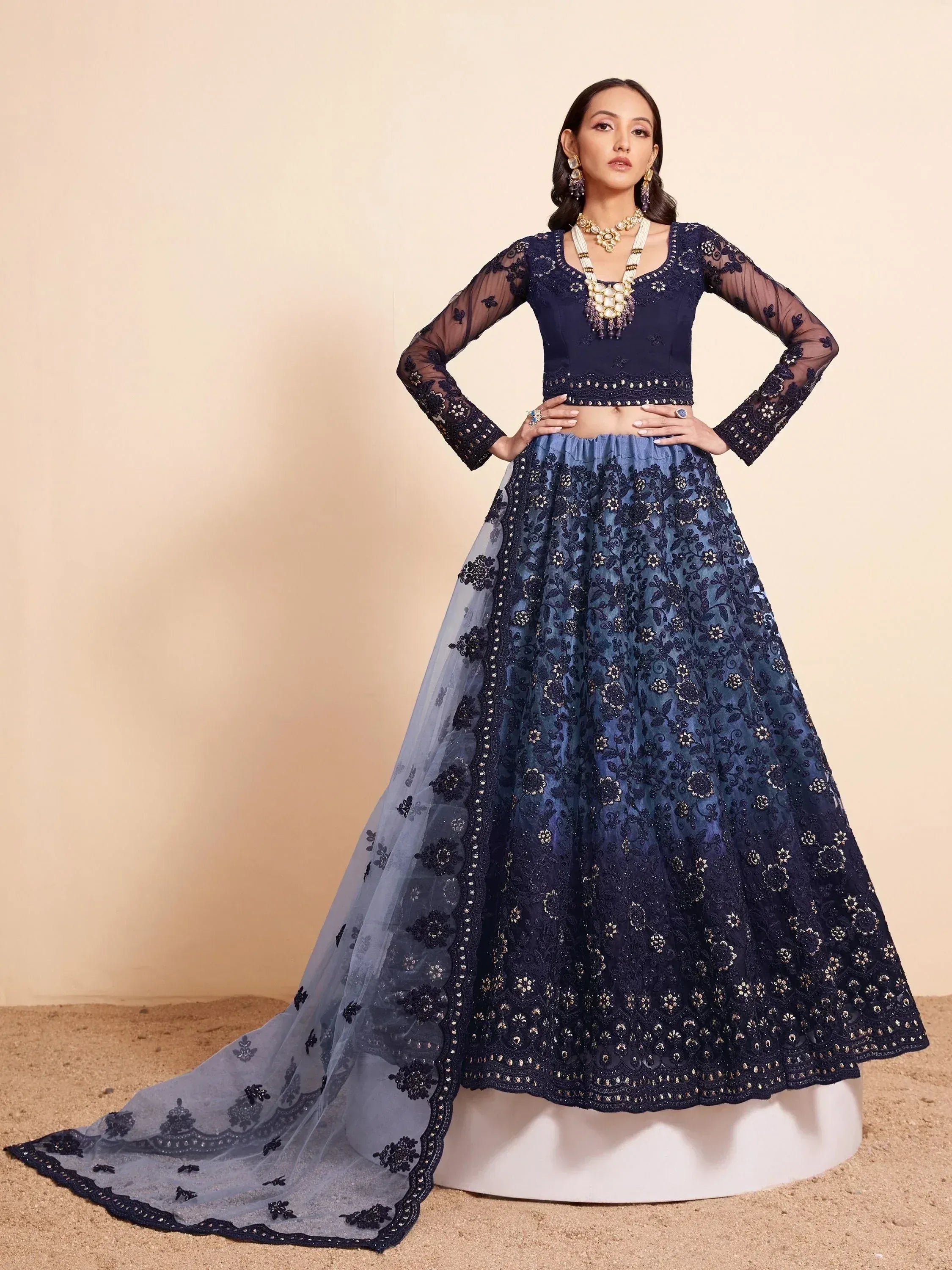 Navy blue embroidered lehenga choli with sheer sleeves and floral detailing, perfect for Indian ethnic occasions.
