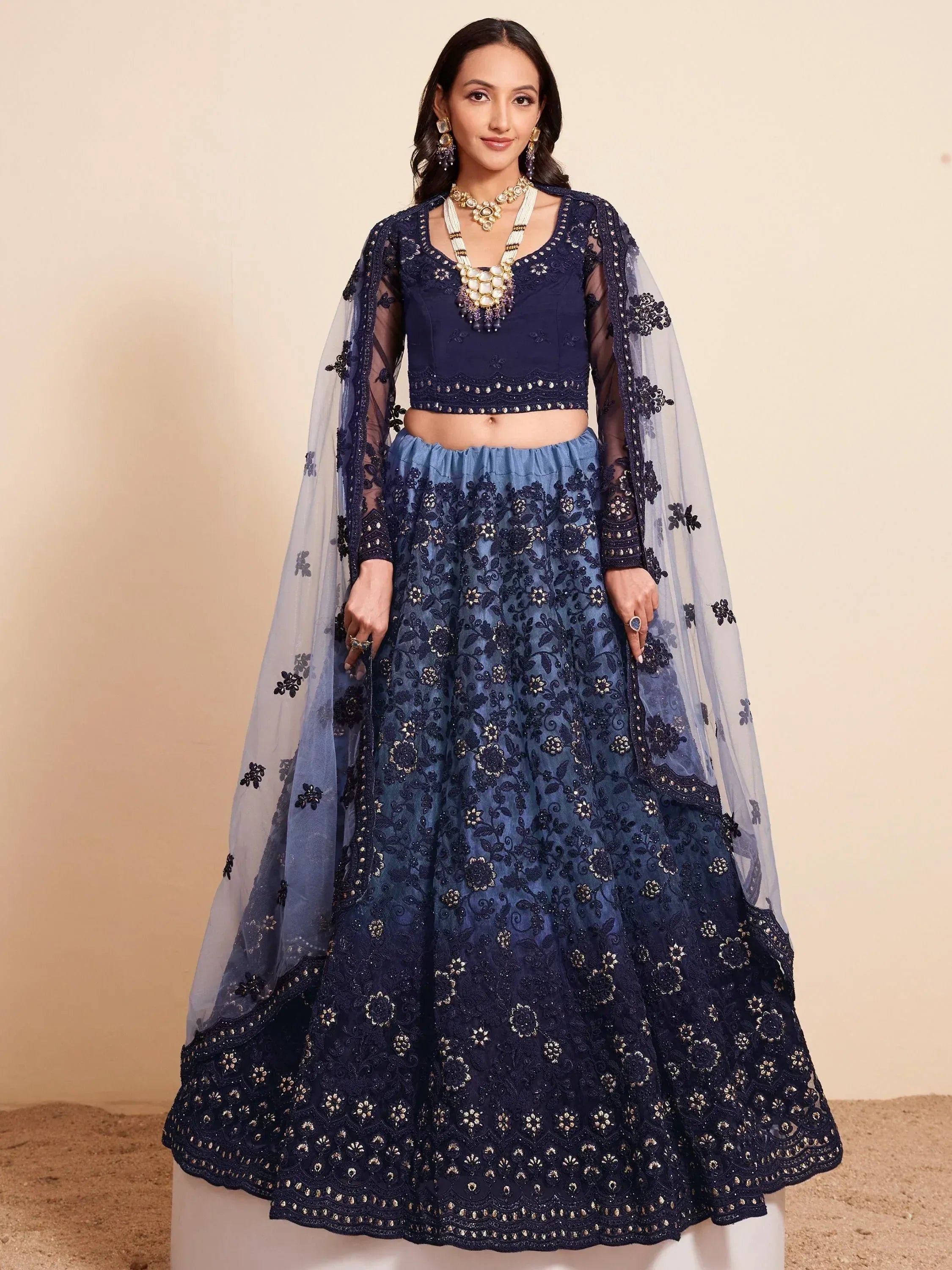 Navy blue embroidered lehenga choli with sheer dupatta, perfect for Indian ethnic wear events