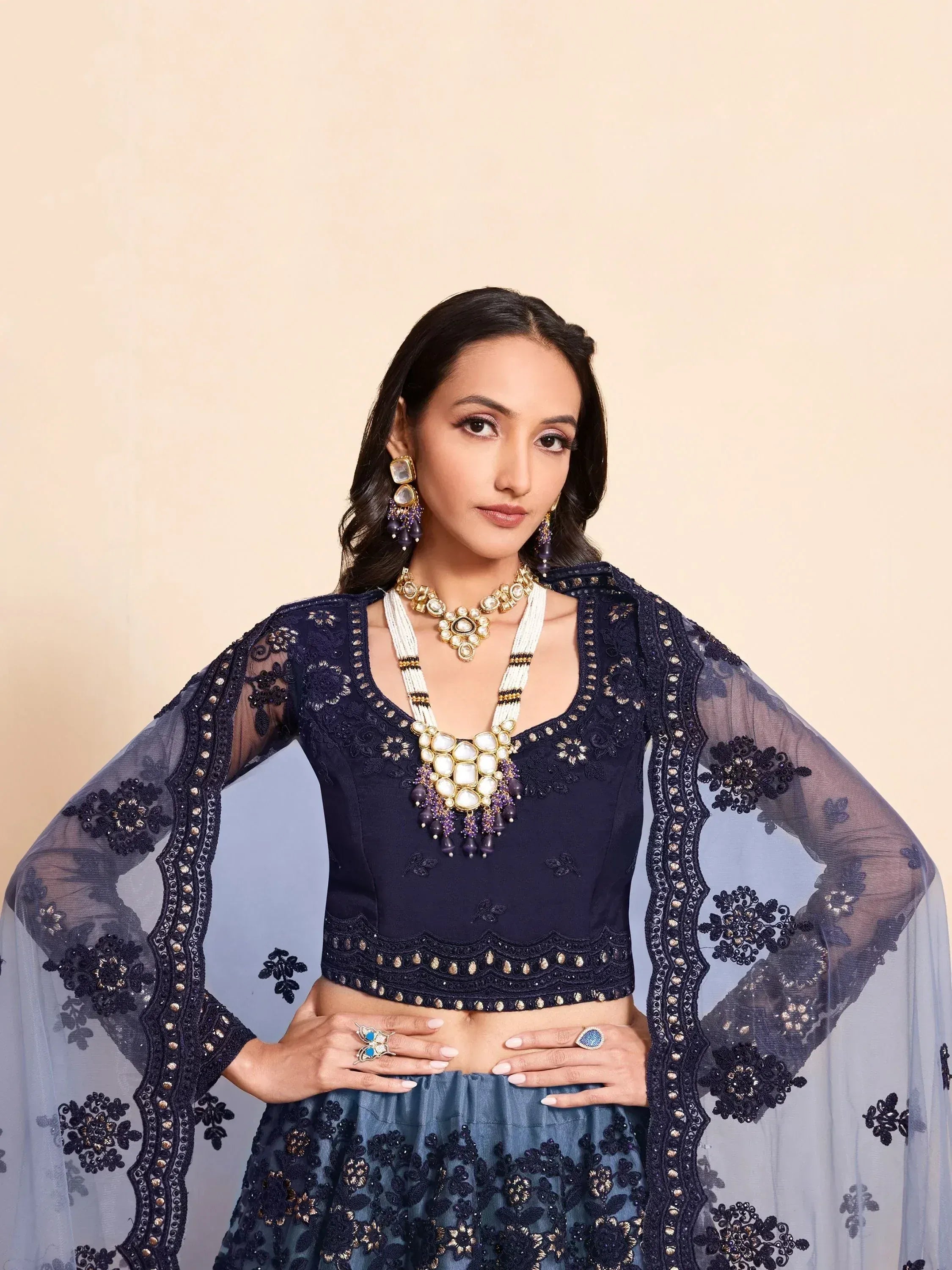 Navy blue embroidered lehenga choli with sheer cape, perfect for Indian ethnic wear and festive occasions.