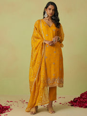 Mesmerizing Yellow Sequins Organza Haldi Wear Pant Suit With Dupatta