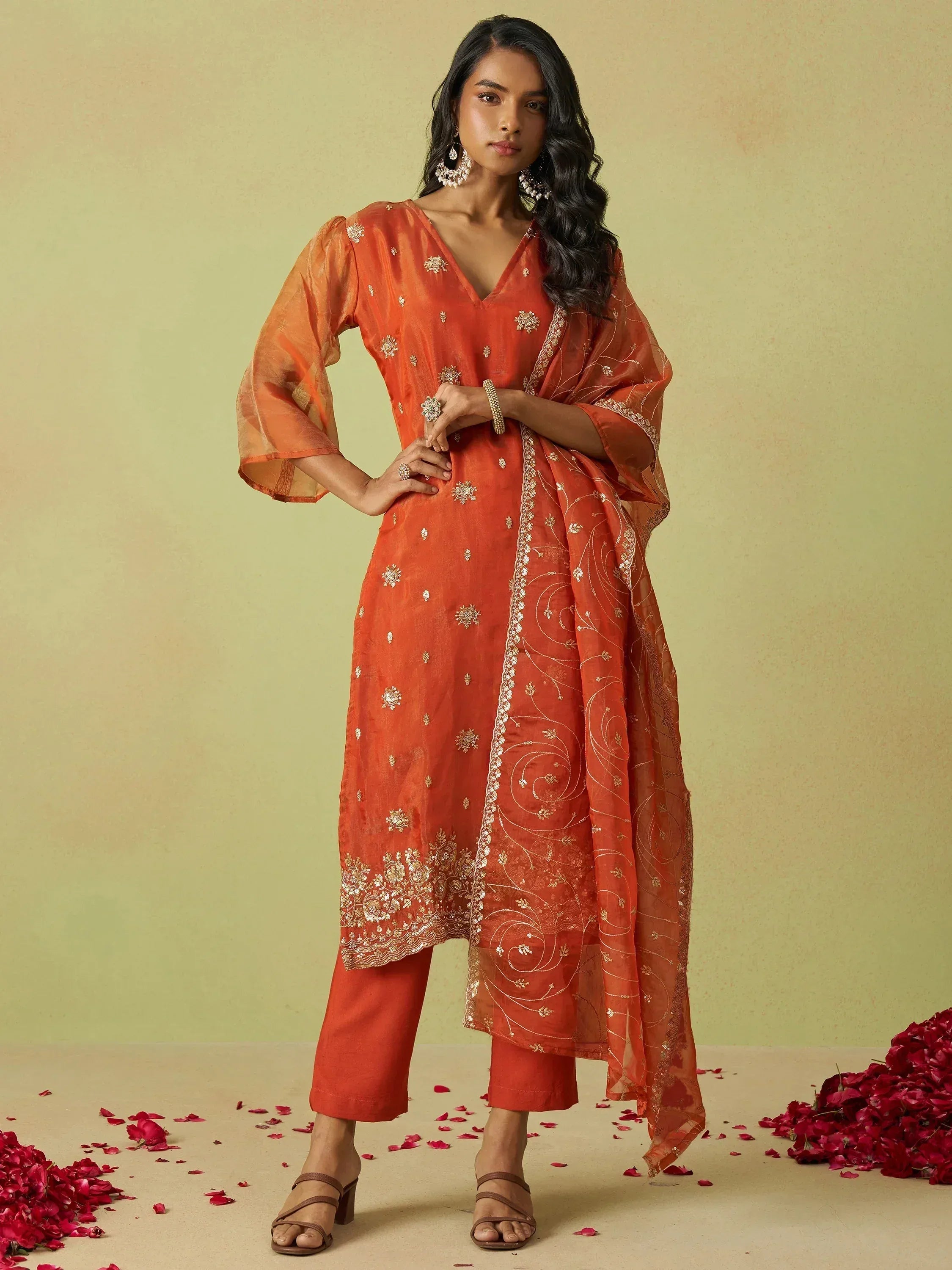 Orange embroidered salwar kameez with matching dupatta, perfect for Indian ethnic wear occasions
