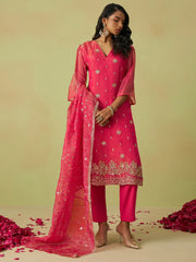 Beautiful Pink Sequins Organza Traditional Pant Suit With Dupatta