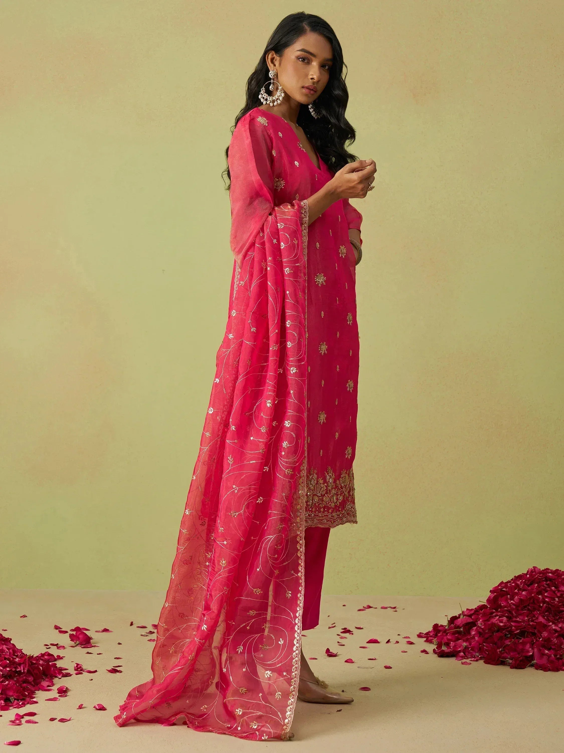 Pink embroidered salwar kameez with sheer dupatta, floral rose petals, ethnic Indian wear