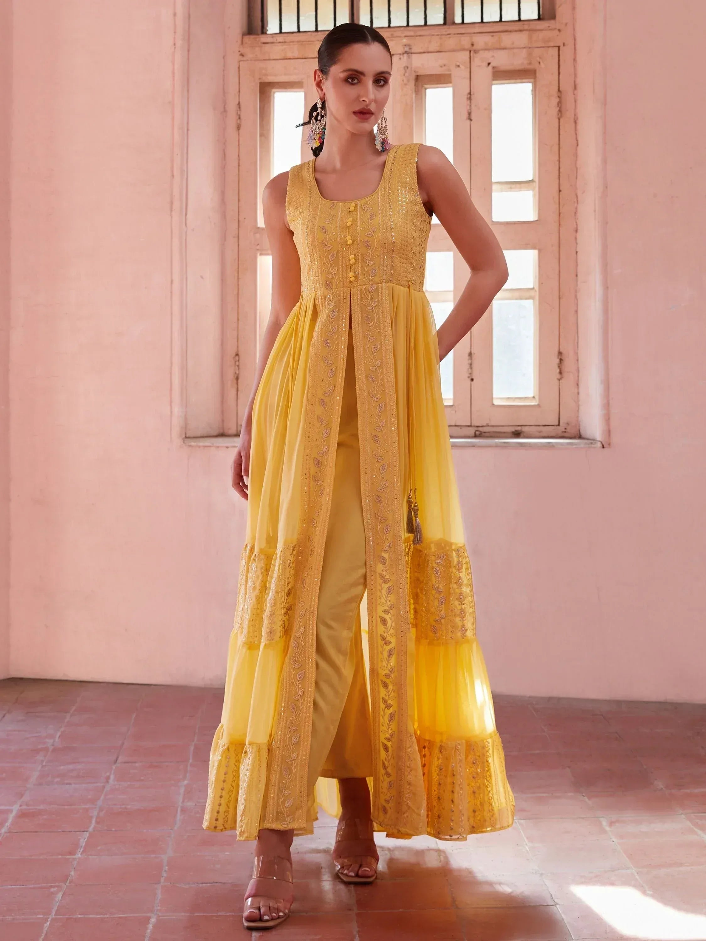 Yellow embroidered ethnic gown with palazzo pants, perfect for Indian occasions and festive wear.
