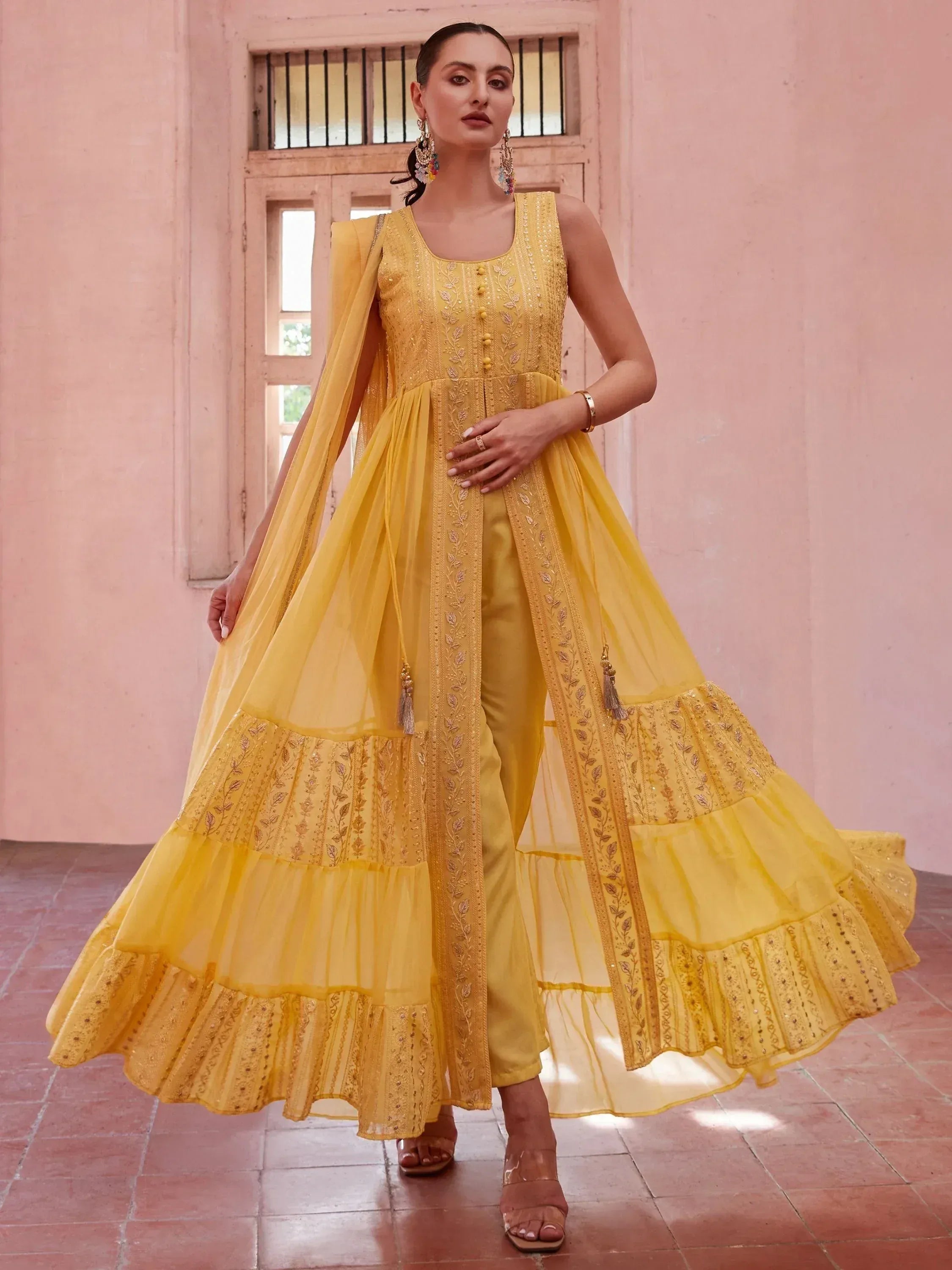 Yellow embroidered anarkali suit with tiered skirt and dupatta, Indian ethnic wear